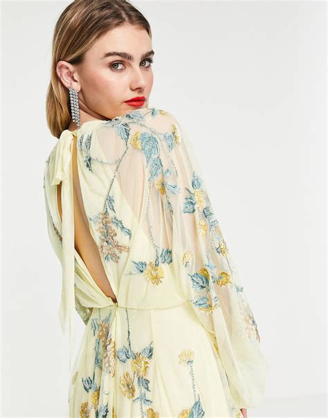 Asos Edition Floral Embroidered Mesh Midi Dress With Blouson Sleeves In