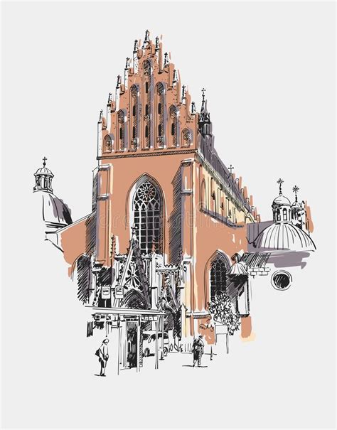 Original Sketch Drawing Of Old Medieval Church In Krakow Poland Stock
