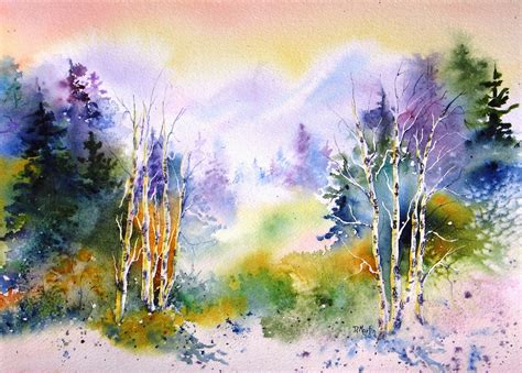 Watercolor Landscape Painting Aspen Morning By International