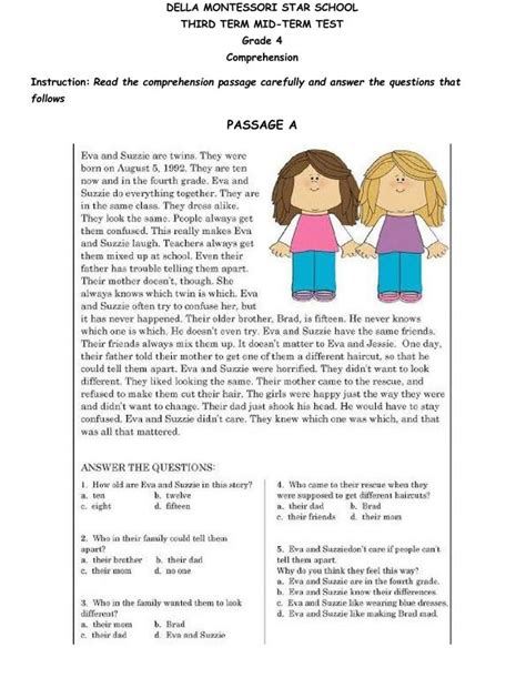 Grade Comprehension Test Worksheet Comprehension Esl Reading
