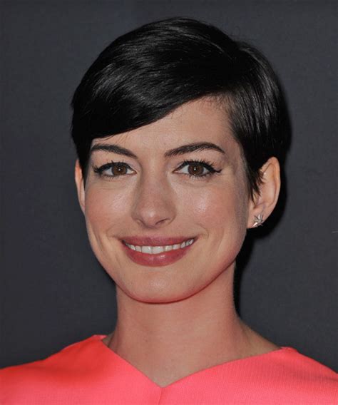Anne Hathaway Short Straight Black Hairstyle With Side Swept Bangs