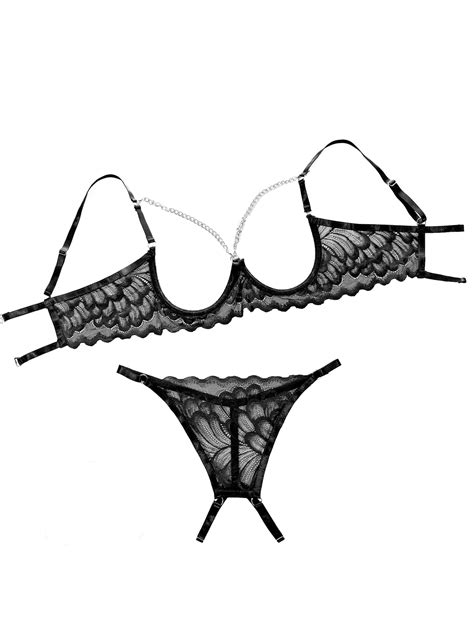 Womens Sexy Underwire Floral Lace Sheer Lingerie Set See