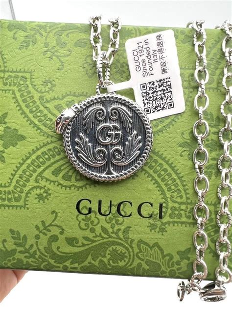Gucci Silver Chain Necklace Round Pendant Angel Wings In 2022
