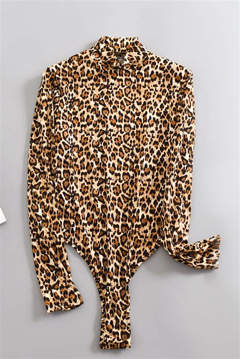Us 483 Drop Shipping Leopard Print Mock Neck Long Sleeves Bodysuit