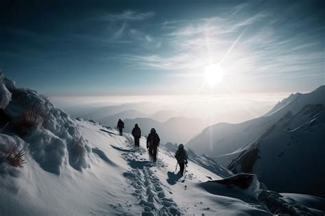 Los Escaladores Del Equipo De Montañas En Un Sendero Nevado