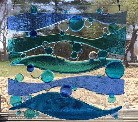 Abstract Turquoise And Blue Ocean Waves Stained Glass Fused Etsy