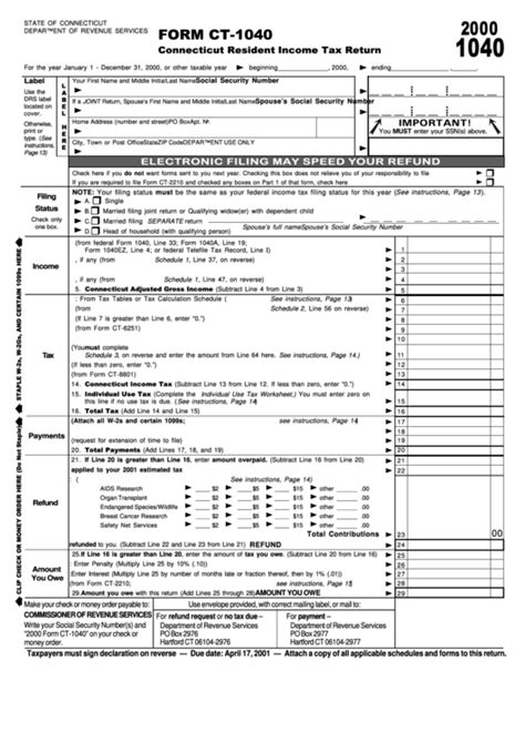Form Ct 1040 Connecticut Resident Income Tax Return 2000 Printable