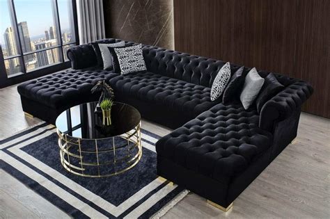 Savannah Black Velvet Double Chaise U Shape Sectional Sofa