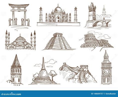 World Landmarks Famous Buildings And Architecture Isolated Sketches