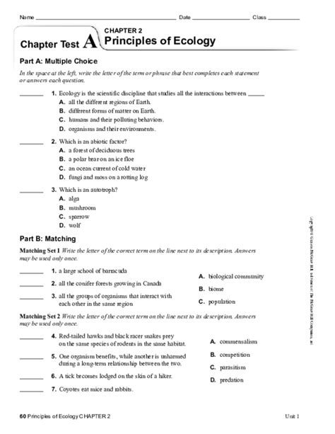 Doc Chapter Test A Principles Of Ecology Editable Vy Van