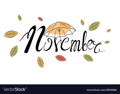 Word November With Leaves And Umbrella Royalty Free Vector