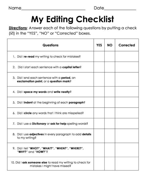 Free My Editing Checklist 1 Sheet I Used This With My 3rd 4th And