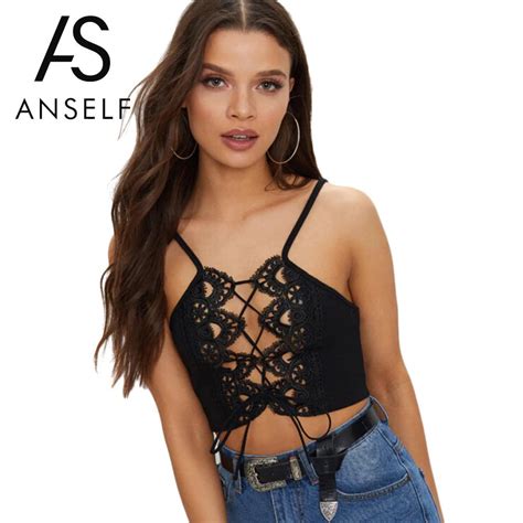 anself women lace up front cropped top feminino crocheted lace hollow out summer cami tops