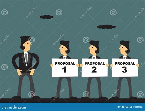 Three Business Proposals For Pitching Process Cartoon Stock Vector