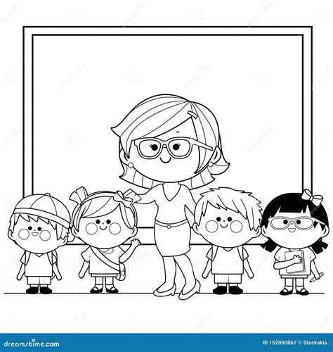Teacher And Her Students In The Classroom Vector Black And White