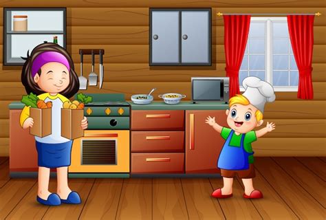 Dibujos Animados De Madre E Hijo En La Cocina Vector Premium