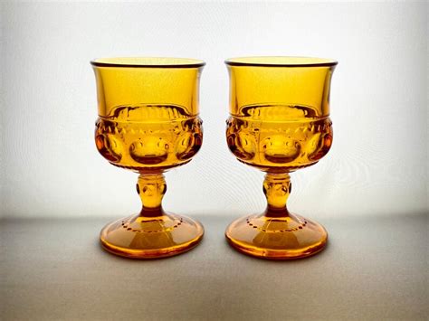 Kings Crown Thumbprint Dark Amber Wine Goblets Glasses 1970s Etsy