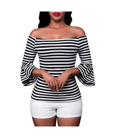 womens sexy striped off shoulder flare bell sleeve casual blouse tops c512n4titiw