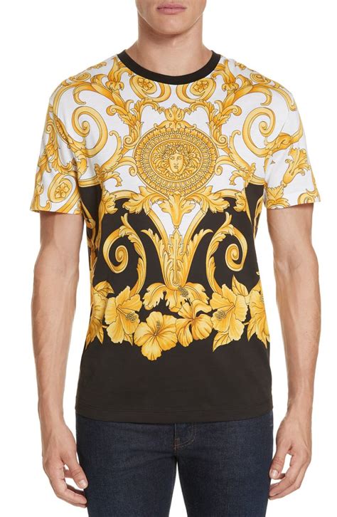 Versace Gold Heritage Hibiscus Printed T Shirt In Whitegoldblack