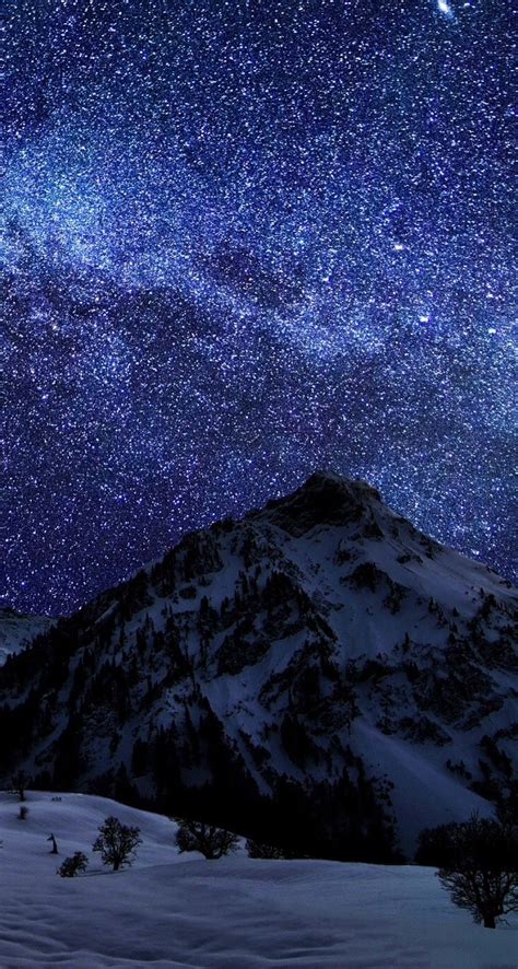 Very Starry Night Over Snowy Mountain Night Sky Stars Sky Full Of