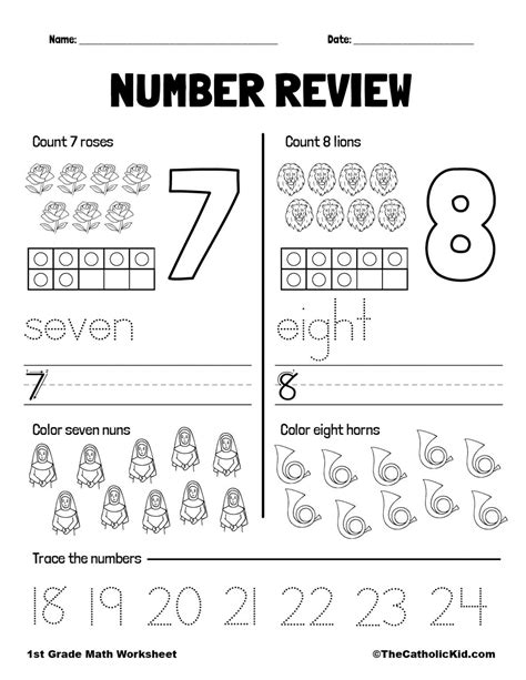 Counting Review Numbers 7 And 8 1st Grade Math Worksheet Catholic