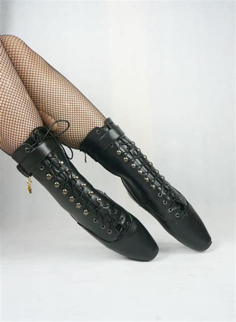 black leather ankle high ballet boots dotty after midnight