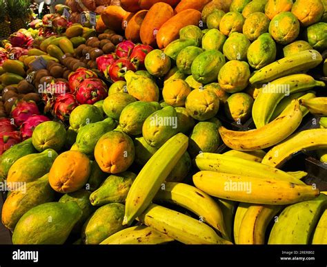 Tropical Fruits For Sale At A Supermarket Stock Photo Alamy
