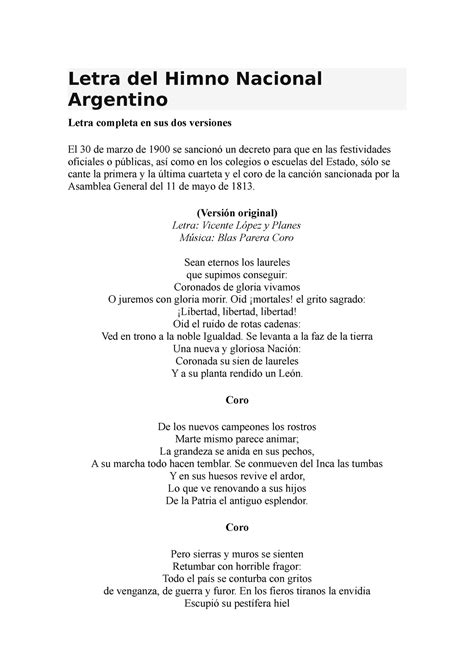 Letra Del Himno Nacional Argentino Letra Del Himno Nacional Argentino
