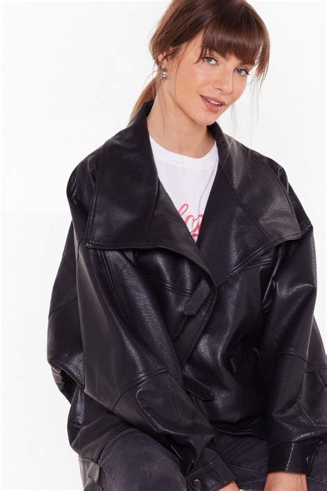 Oversized Drop Sleeve Faux Leather Jacket Leather Jacket Zipper