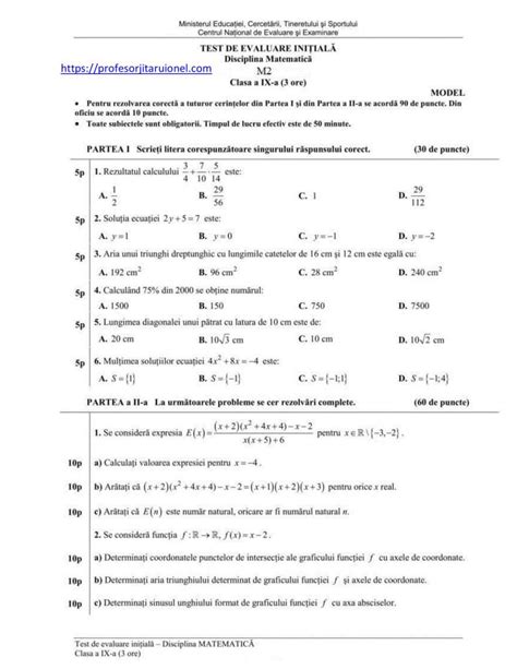 Teste Initiale Matematica Clasa A 9 A M1 M2 Cu Bareme An Scolar 2018