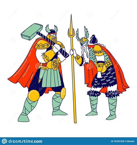 Viking Characters Wearing Scandinavian Dressing Holding Hammer And