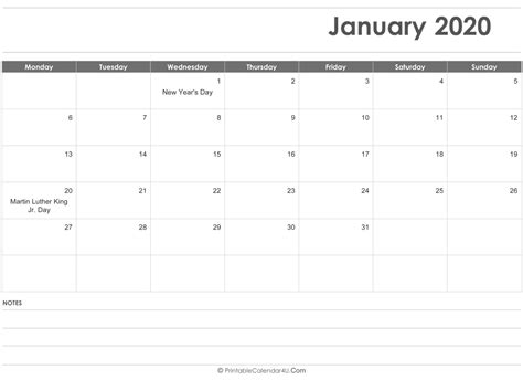 Best Free January 2020 Blank Calendar Printable Templates Pdf Notes