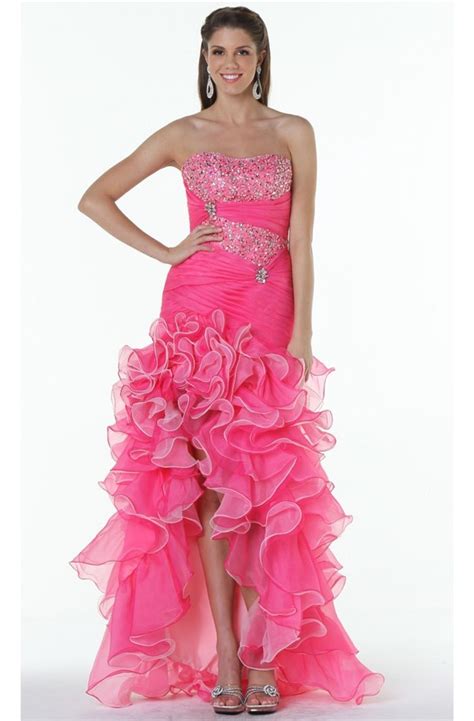 beautiful strapless high low hot pink organza ruffle prom dress