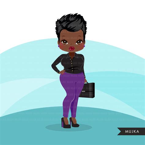 Afro Woman Clipart With Purple Business Suit Briefcase And Glasses Bl