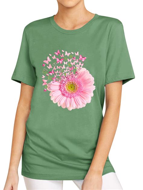 Twzh Women Pink Daisy Butterflies Jigsaw Print T Shirt Short Sleeve Tee