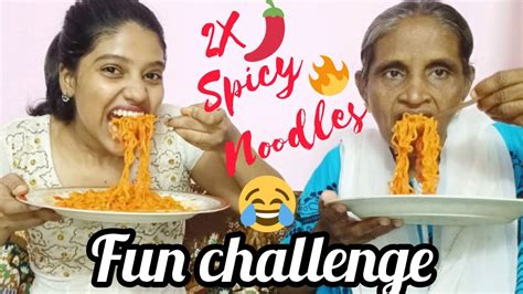 2x Spicy Noodles 😂fun Challenge 😜with Mom First Video தமிழில் Youtube