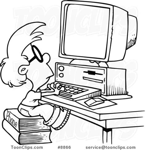 Cartoon Black And White Line Drawing Of A Smart Boy Using A Computer