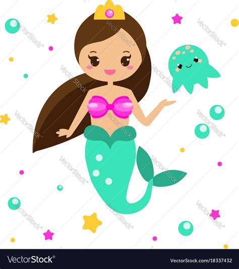 Cute Mermaid With Jellyfish Cartoon Character Vector Image