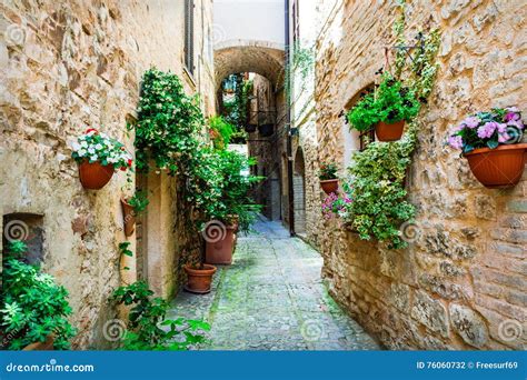 Beautiful Village Spello Umbria Italy With Floral Streets Stock