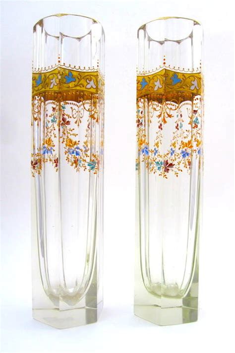 Stunning Tall Pair Of Moser Enamelled Vases