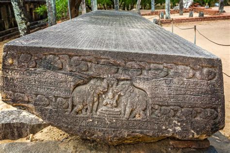 Large Ancient Stone Carved With Elephants And Sanskrit Writing In