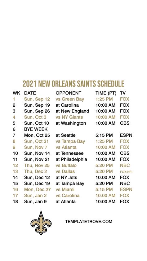 Printable New Orleans Saints Schedule