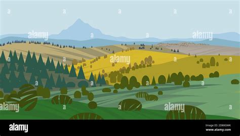 Vector Background Of Beautiful Landscape With Green Hills Fields And