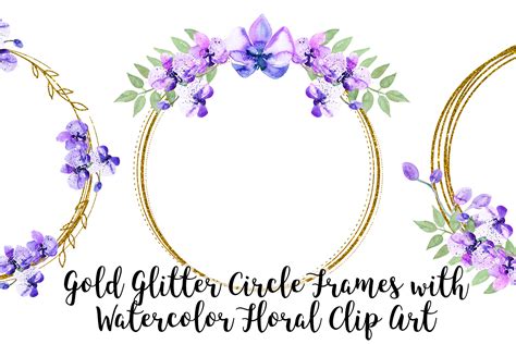 Gold Glitter Circle Frames With Watercolor Floral Clip Art