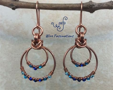 Copper Hoop Earrings With Blue Crystal Beads And Wire Wrapped Around
