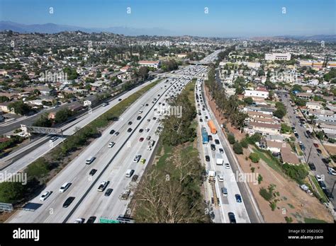 An Aerial View Of Traffic On The California State Route 60 Freeway