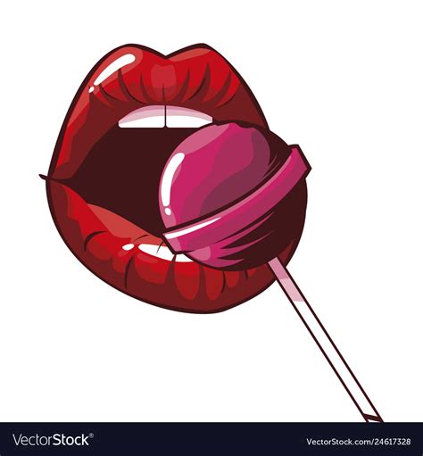 Sexy Female Lips With Lollipop Pop Art Style Vector Image