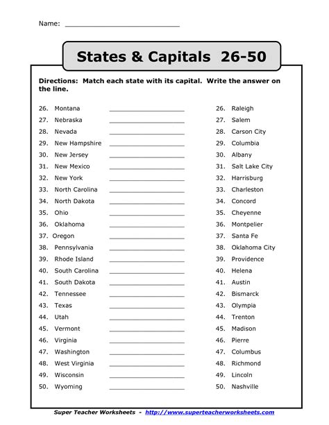 States And Capitals Quiz Printable
