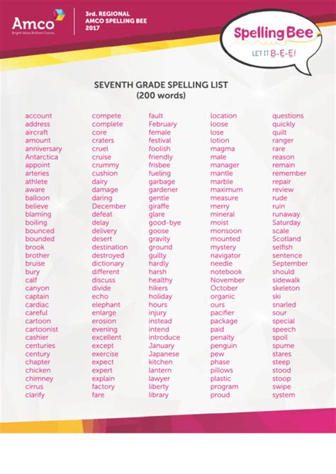 9th Grade Spelling Words List Printable