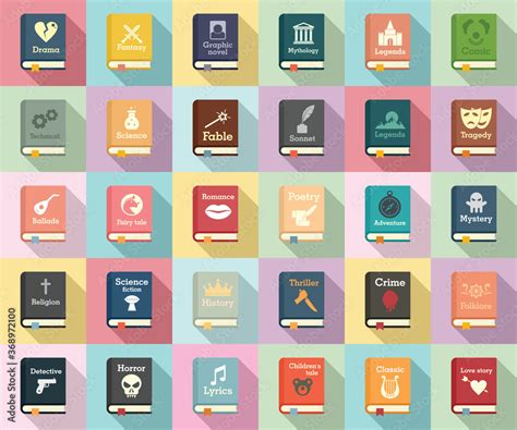 Literary Genres Icons Set Flat Set Of Literary Genres Vector Icons For